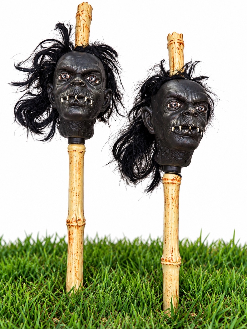 Black Zombie Head Tiki Stakes for Halloween Décor Creepy Monster EUC